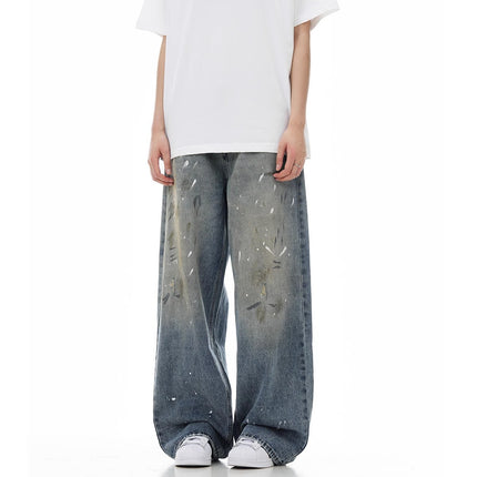 Jiamu Tie-Dye Ac Splash-Ink Jeans American High Street Fashion Brand Retro Washed Distressed Loose Straight Wide Legs