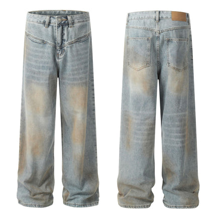 D1627 American Retro High Street Fashion Heavy-Duty Distressed Spray-Painted Design Loose-Fitting Unisex Denim Jeans