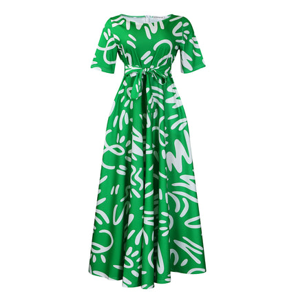 Q125 summer new fashion cross-border Amazon temperament women's lace-up printing foreign trade plus size European and American dress