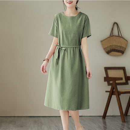 2024 Summer new Korean style organ pleated solid color round neck short sleeve midi dress women's loose slimming cotton and linen dress