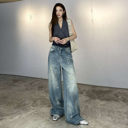 Wholesale Dropshipping Retro Ripped Wide-Leg Jeans for Women, Loose Slimming High Street Straight Pants, Casual Pants, Floor-Length Pants