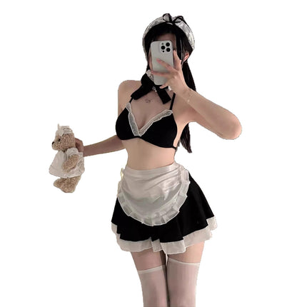 Sexy and Cute Cos Maid Uniform Female No Need to Take Off Breathable Pure Desire Two-Piece Nightgown Temptation Passion Suit Qqny