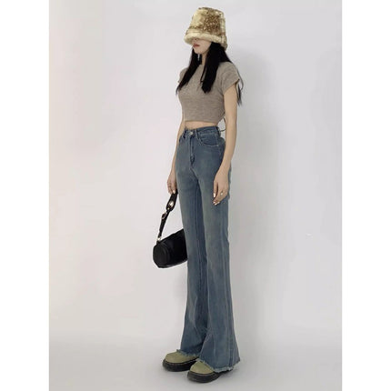 Vintage High Waist Slim Look Jeans Women's Trendy All-match New Autumn Slim-fit Hip Lace Micro Horn Long Pants