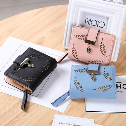 New Korean style short wallet women's zipper buckle hollow leaf small wallet wallet card holder factory wholesale