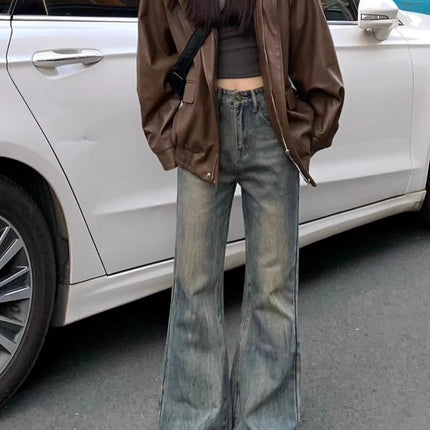Vintage Washed High-Waisted Flared Jeans for Women, Slim Fit, Stretchy, Floor-Length, Wide-Leg Pants