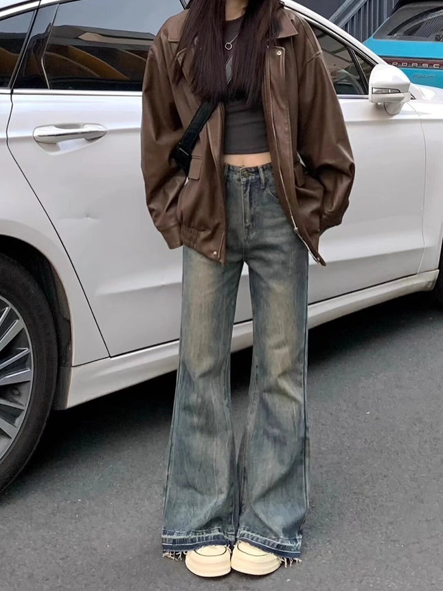 Vintage Washed High-Waisted Flared Jeans for Women, Slim Fit, Stretchy, Floor-Length, Wide-Leg Pants