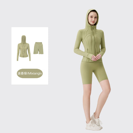 [in Stock] Ld Five-Piece Hooded Yoga Suit for Women, Fitness Yoga Set, High-Waisted, Barely-There Feel, Tight-Fitting Sportswear
