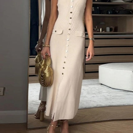 Cross-Border European and American Fashion Aliexpress Popular Round Neck Sleeveless Dress Single-Breasted High Waist Slim Party Banquet Long