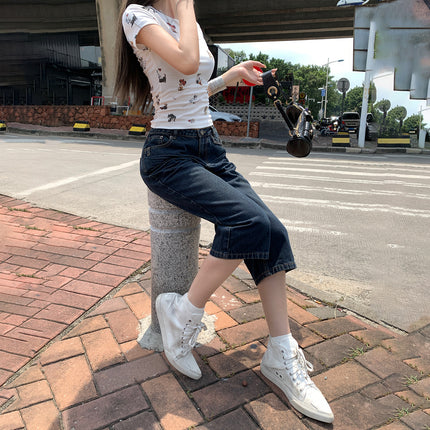 Raccoon House # American Lightning Crack Straight Jeans for Women Summer New Low-Waist Loose Hot Girl Versatile Cropped Pants
