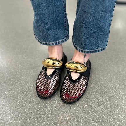 Niche Metal Mesh Flat Shoes Comfortable Hollow Shallow Mouth Breathable Single-layer Shoes Summer Golden Ballet Shoes Mary Jane