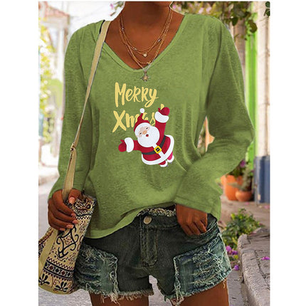 2023 European and American Amazon independent station wish autumn and winter new hot selling women's printed V-neck long sleeve loose T-shirt for women
