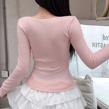 C530Tp European and American Cross-Border Lace Square Neck Waist Slim Sexy Sexy Contrasting Color Long-Sleeved Figure-Showing Short Top