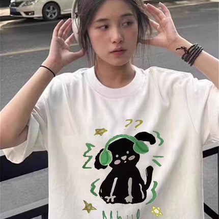 Pure Cotton Puppy Print Gray Short-Sleeved T-Shirt for Women 2026 New Design Niche American Style Loose Half-Sleeved Top