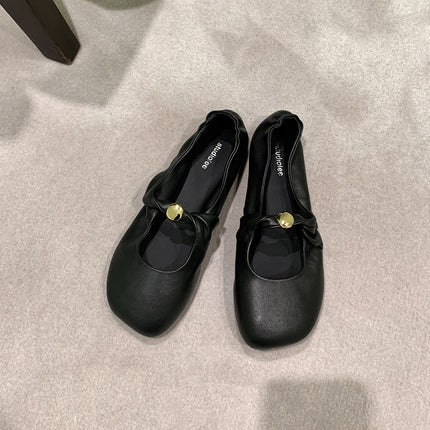 Grape Mom's Same Style Super Soft French Twist Small Gold Buckle Fashionable Apple Head Soft Waxy Goatskin Low-Heeled Shoes for Women Spring & Fall