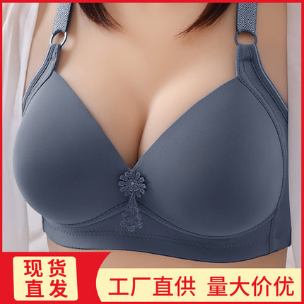 Cross-border plus size thin smooth bra without steel ring gathered three-breasted middle-aged and elderly mother bra underwear
