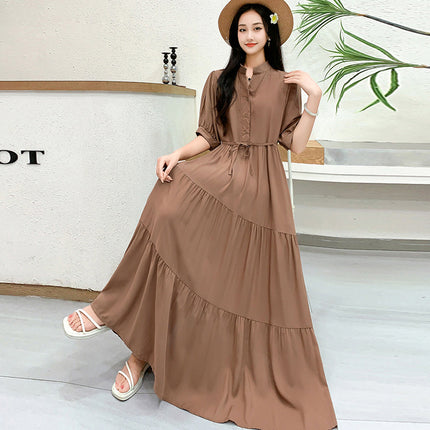 Cross-border chubby girl Super plus size Women's Dress Southeast Asian Short-sleeved Cotton Silk Large Swing Dress Mid-sleeved Beach Dress