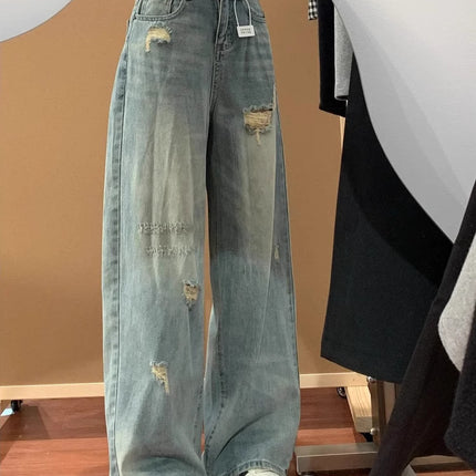 American Style Ripped Jeans for Women, Summer New Large Size, High-Waisted, Pear-Shaped Figure, Slimming, Loose Wide-Leg Pants