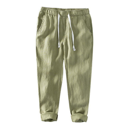 P8236 Summer New Pure Color Simple Casual Pants Men's Linen Breathable Lace-Up Pants Men's One-Piece Drop Shipping