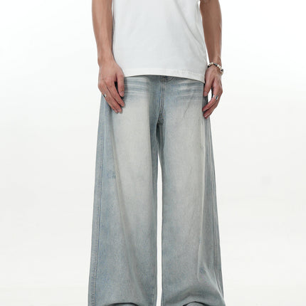 11Kn American Light Blue Straight Jeans for Men and Women, Simple Slimming Look Knife-Cut Destroyed Loose Wide-Leg Casual Pants