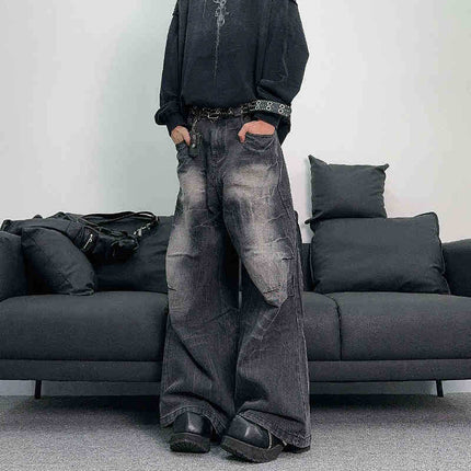 American Style Retro Niche Lightning Pattern Wide-legged Jeans Men's Loose Washed Pleated Straight Casual High Street Long Pants