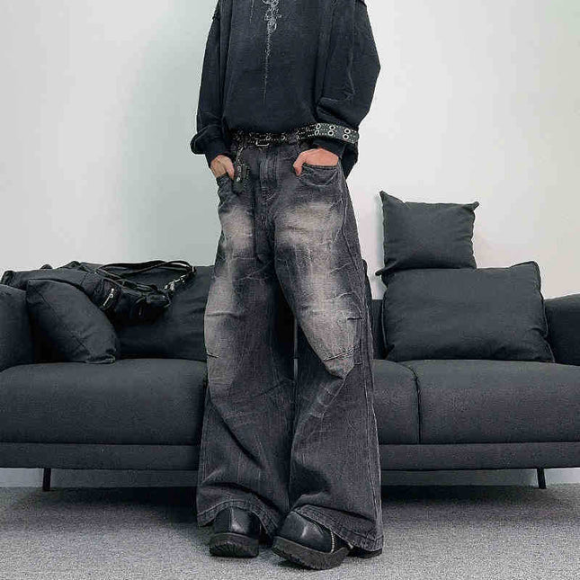 American Style Retro Niche Lightning Pattern Wide-legged Jeans Men's Loose Washed Pleated Straight Casual High Street Long Pants