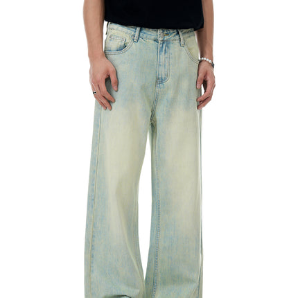 11Kn American Clear Water Blue Jeans for Men and Women Straight-Leg Distressed Retro Light-Colored Stereo Slim Casual Loose Pants