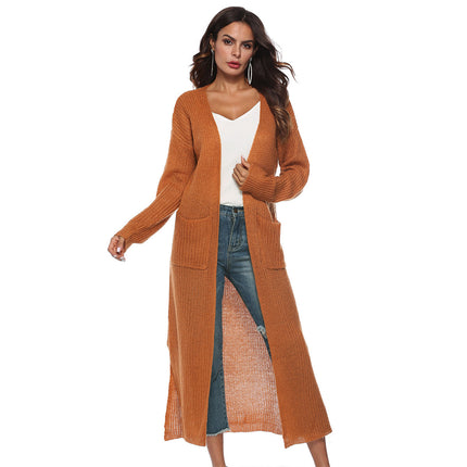 Mohair cardigan cross-border European and American wool cardigan autumn women's coat split large pocket thin coat long multicolor