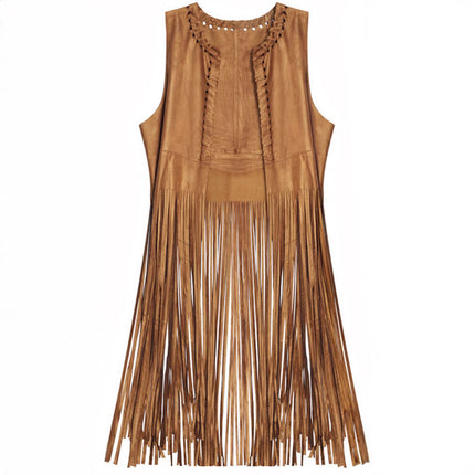 2025 Women's European and American Style New Suede Tassel Vest Jacket Popular Sleeveless Mid-Length Vest Outer Wear