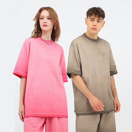 2025 Cross-Border Trendy Brand Gradient Washed and Distressed Men's and Women's 350g Heavy Cotton Loose Shoulder Slip Shoulder T-Shirt Suit