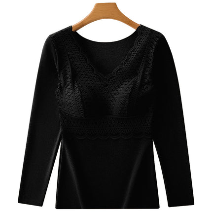 Thickened Double-Sided German Velvet Integrated Cup with Exquisite Lace Trim, Warm Long-Sleeved Thermal Layer