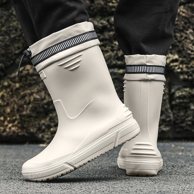 Men's Waterproof Rain Boots with Cuffs, Fishing Water Shoes, Fleece-Lined, Non-Slip Kitchen Work Rubber Shoes, Comfortable Soft-Soled Rain Boots