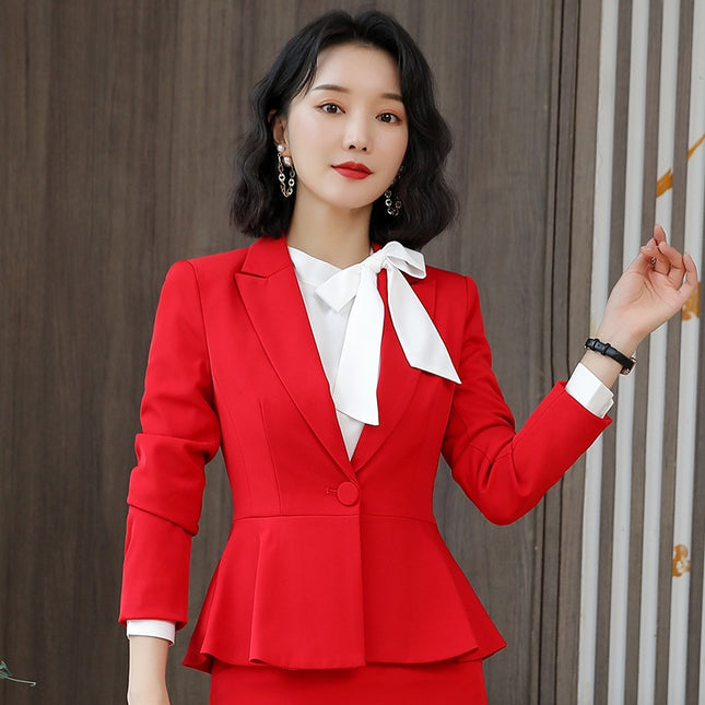 Red suit suit women's autumn and winter slim-fit high-end business wear temperament goddess fan jewelry shop beauty salon overalls