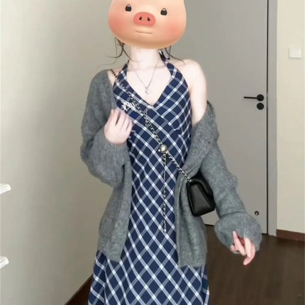French style plaid suspenders dress women's 2025 new summer small a set of wear long skirt