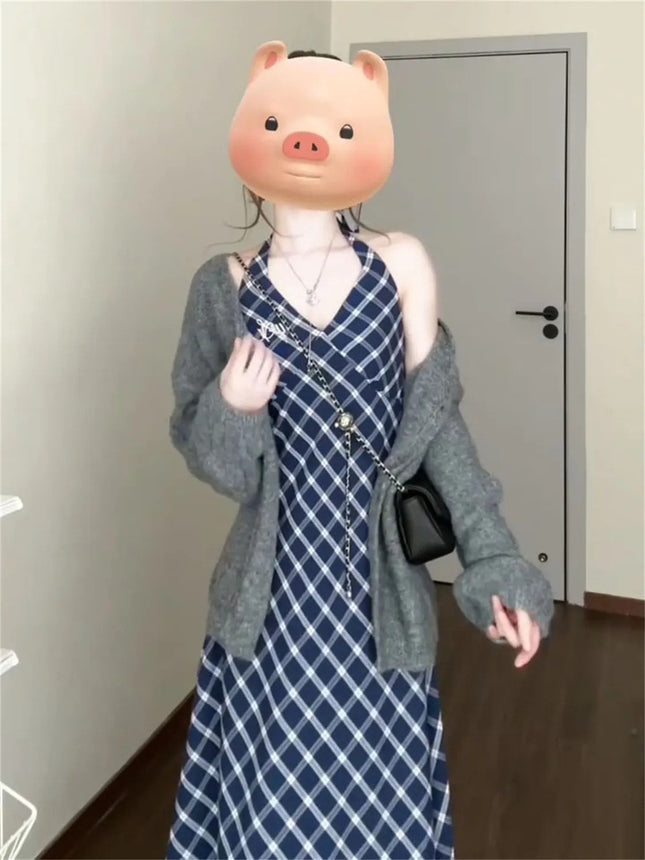 French style plaid suspenders dress women's 2025 new summer small a set of wear long skirt