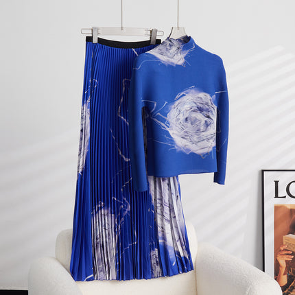 Hot-Selling Pleated Printed Two-Piece Set, Feminine Long-Sleeved T-Shirt, Drapedy Skirt, Versatile Suit, Complete Set