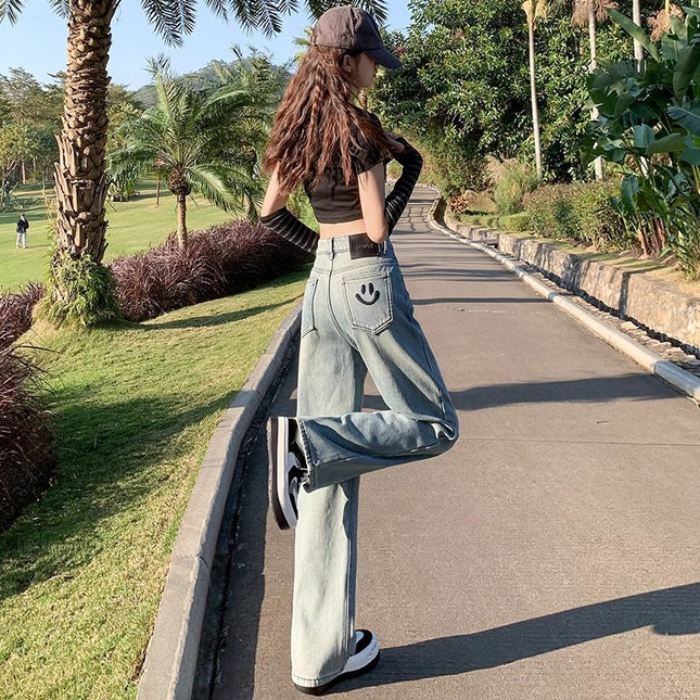 Light Color Wide Leg Jeans Women's Trendy All-match New High Waist Loose Dosing Narrow Retro Straight Pants