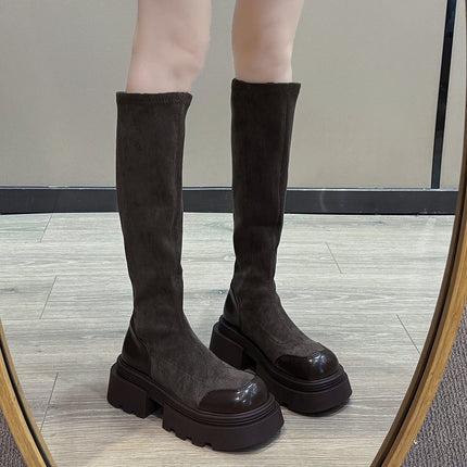 But knee long boots women's 2024 autumn and winter new vintage thick bottom high tube thin boots suede thick heel elastic boots