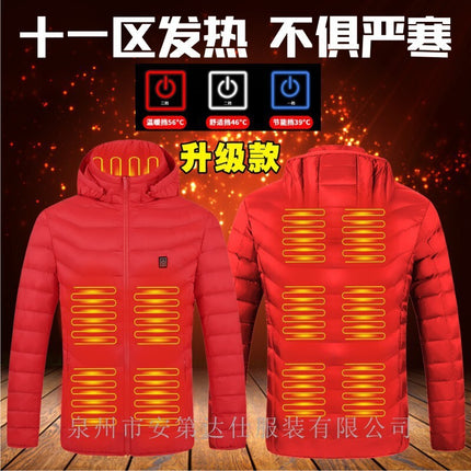 Cross-Border Smart Heated Cotton Jacket for Men and Women, Thermal Warm Coat with Intelligent Single-Zone Heating, Eleven-Zone Heating Cotton Jacket