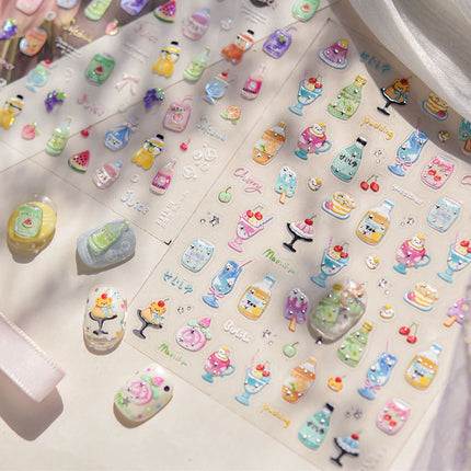 Summer Ice Drink Nail Art Stickers Embossed 3D New 5D Stereo Popular Ins Soda Dessert Nail Sticker Decoration