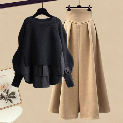 Autumn with a set of 2024 new plus size wear fake two-piece shirt top women's skirt two-piece set