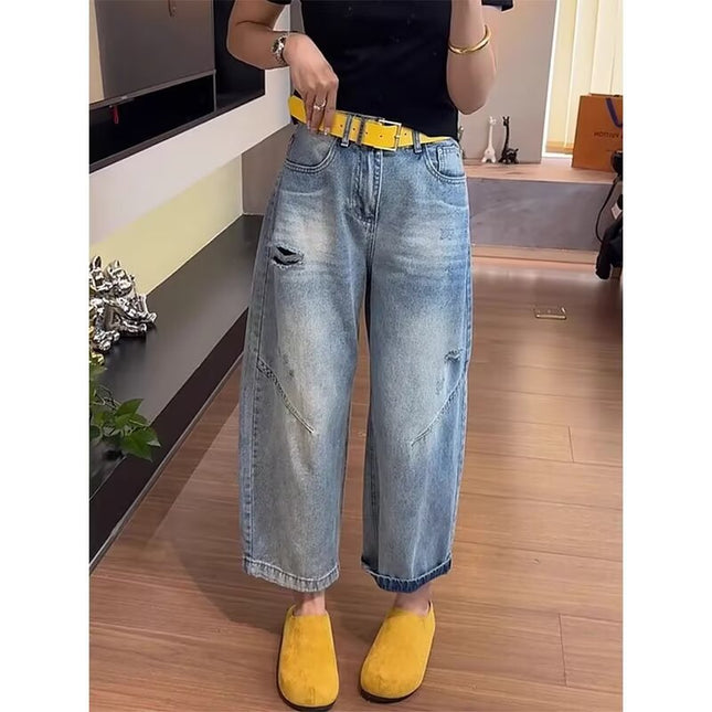 Ripped Cropped Harem Jeans for Women, Spring New Style, Pear-Shaped Figure, Thin Carrot Pants, Plus Size Loose Wide-Leg Pants