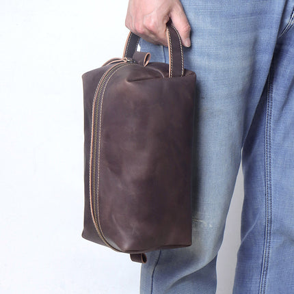 New Cross-border Crazy Horse Leather Hand Wash Bag Genuine Leather Men's Hand Bag Large Capacity Cowhide Makeup Storage Bag Trendy