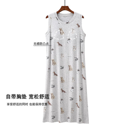 Cartoon Padded Cut-Sleeve Extended Nightgown for Women Summer Thin Printed Can Be Worn Outside Anti-Bump Pajamas Spring