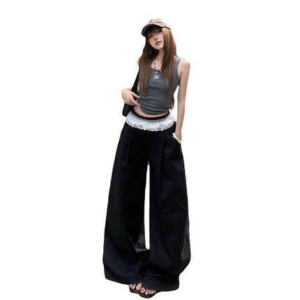 Black Design Lace Splicing Casual Pants for Women 2025 Summer New High-Waisted Loose Wide-Leg Suit Pants