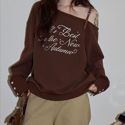 American Coffee Color Letter Off-Shoulder Sweatshirt for Women 2025 Autumn Lazy High-End Loose Casual Long-Sleeved Top