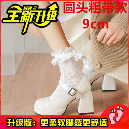 Mary Jane Women's Shoes with Chunky Heels, Waterproof Platform, Thick Sole, Height-Increasing, Japanese Style, Spicy Girl Temperament, French-Style Single Shoes, Women's Small Leather Shoes, Women's Shoes