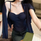 Navy blue cardigan + suspenders / S