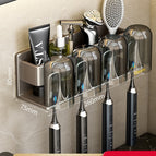 Gun ash - four-person aluminum toothbrush holder + 4 mouthwash cups (no need to punch holes)