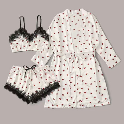 Cross-Border New Style Camisole, Shorts, and Robe Three-Piece Set, Sexy Lace Women's Loungewear Pajamas, Wholesale in Stock