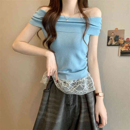 Green off-shoulder short-sleeved top women's dopamine in early summer is beautiful and beautiful and pure waist T-shirt
